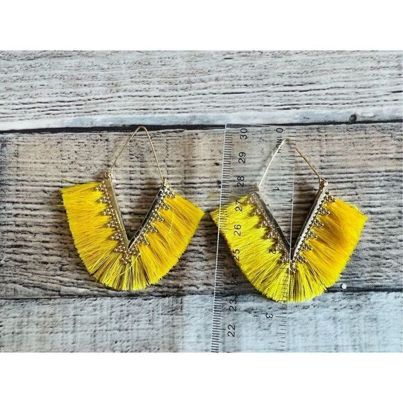 Brand New Yellow Fringe Chevron Dangle Gold Tone Earrings Costume Jewelry 3/$18 - Picture 4 of 6